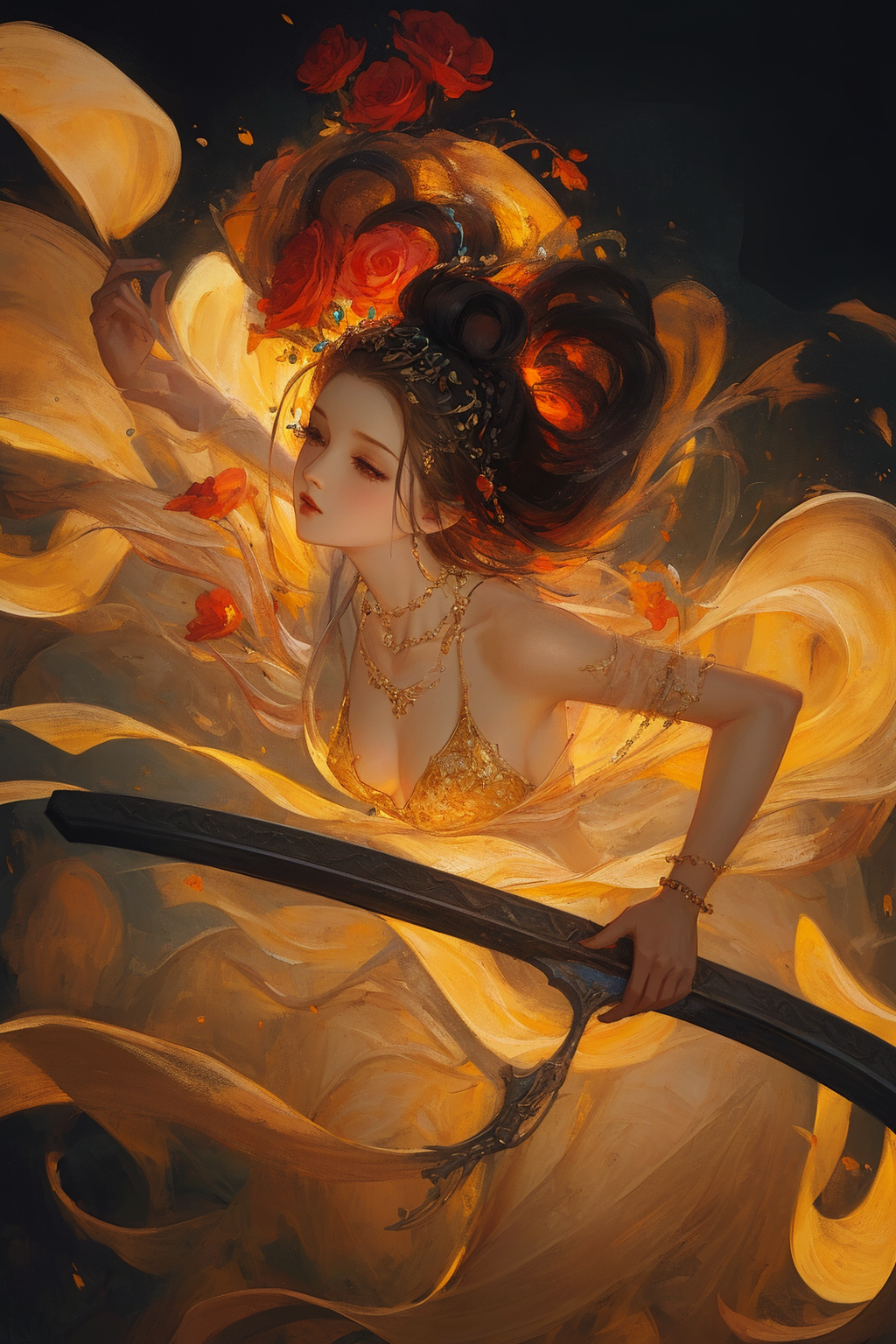 18308-344444920-1girl, qingsha,mature female,,Gold  colorful theme,small breasts, simple background,dark background,, (((masterpiece,best qualit.png